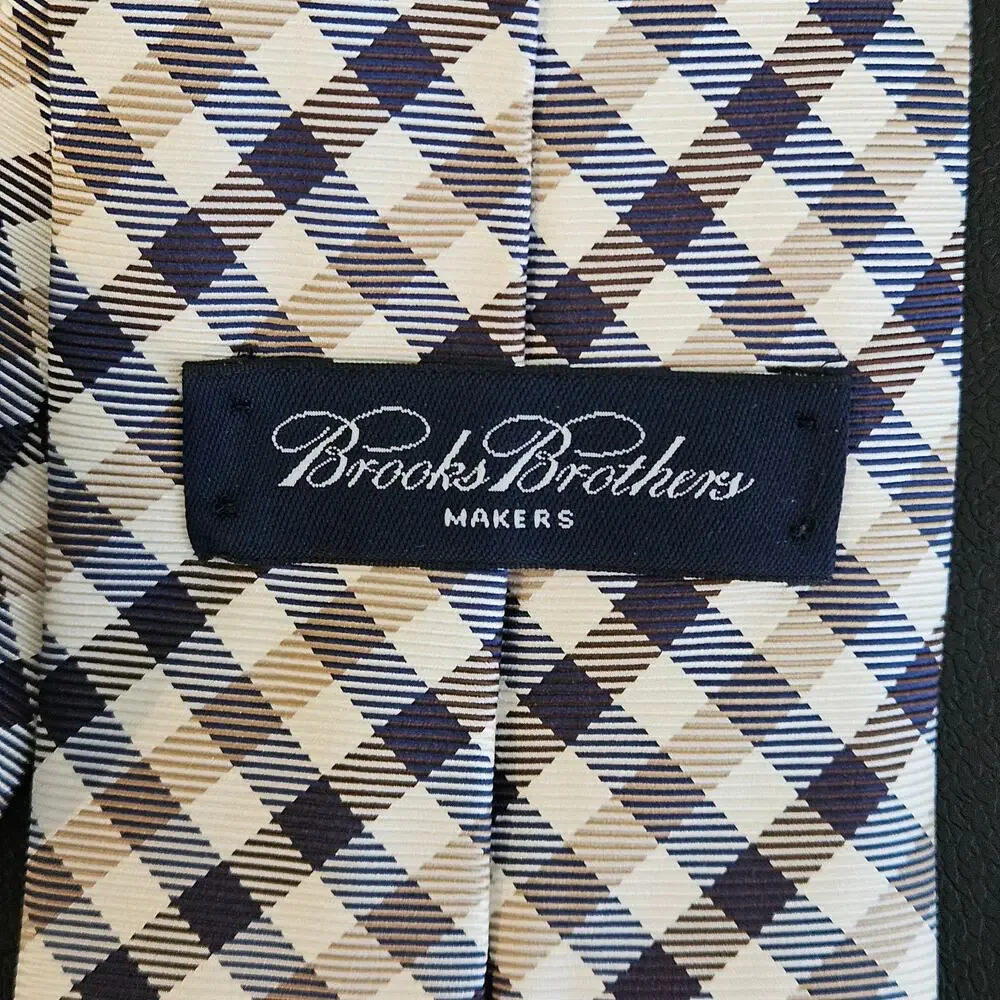 Brooks Brothers Brown‎ Navy Blue Plaid Silk Necktie Tie
